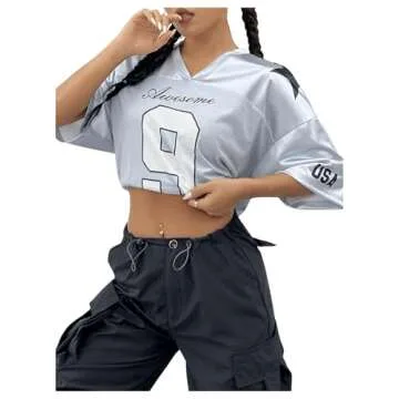 SHENHE Women's Oversized Jersey Shirt Y2k Letter Print Drop Shoulder V Neck Loose Mesh Tee Tops Grey XS