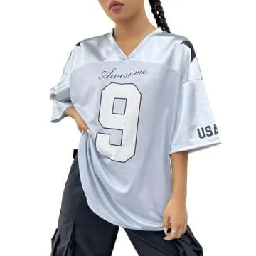 SHENHE Women's Oversized Jersey Shirt Y2k Letter Print Drop Shoulder V Neck Loose Mesh Tee Tops Grey XS