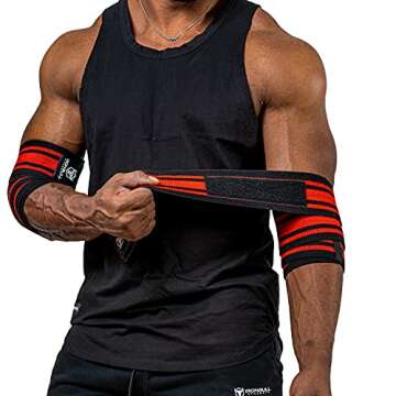 Iron Bull Strength Elbow Wraps for Weightlifting - PRO Line - Workout Elbow Straps for Weight Lifting, Bench Press, Powerlifting, Fitness and Gym - Medium Stiffness for Men (40", Red/Black)