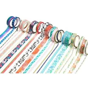 Cute Washi Tape Set with 3 sizes | 15mm 8mm and 3mm Wide Skinny and Thin | Decorative Holiday Craft Tape | Colorful Tape | Floral Japanese Pastel Seasonal Art | Bujo Supplies | Scrapbook Tape 21 Rolls