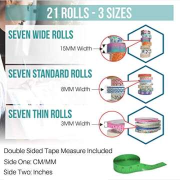 Cute Washi Tape Set with 3 sizes | 15mm 8mm and 3mm Wide Skinny and Thin | Decorative Holiday Craft Tape | Colorful Tape | Floral Japanese Pastel Seasonal Art | Bujo Supplies | Scrapbook Tape 21 Rolls