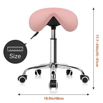KKTONER Rolling Saddle Stool PU Leather Swivel Adjustable Rolling Stool with Wheels Salon Chair (Pink)