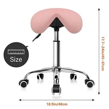 KKTONER Rolling Saddle Stool PU Leather Swivel Adjustable Rolling Stool with Wheels Salon Chair (Pink)