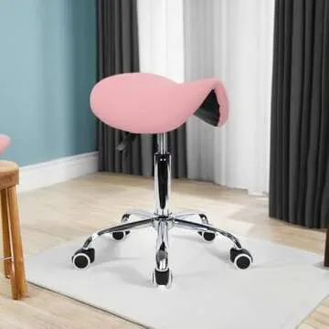 KKTONER Rolling Saddle Stool PU Leather Swivel Adjustable Rolling Stool with Wheels Salon Chair (Pink)