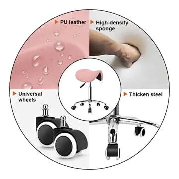 KKTONER Rolling Saddle Stool PU Leather Swivel Adjustable Rolling Stool with Wheels Salon Chair (Pink)