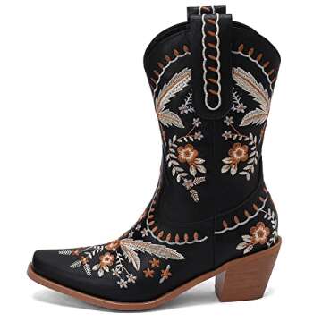 LIPIJIXI Womens Embroidered Cowgirl Boots Pull On Cowboy Boots for Women Floral Low Chunky Heel Western Boots Black Wedding Bride Dress Ankle Booties