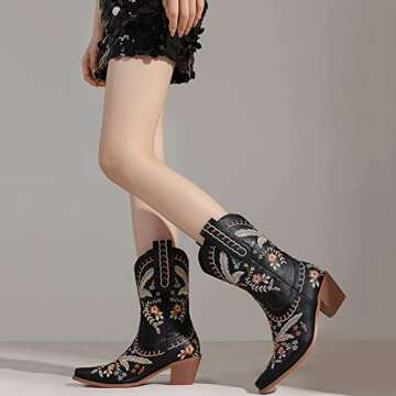 LIPIJIXI Womens Embroidered Cowgirl Boots Pull On Cowboy Boots for Women Floral Low Chunky Heel Western Boots Black Wedding Bride Dress Ankle Booties