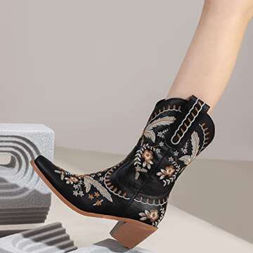 LIPIJIXI Womens Embroidered Cowgirl Boots Pull On Cowboy Boots for Women Floral Low Chunky Heel Western Boots Black Wedding Bride Dress Ankle Booties