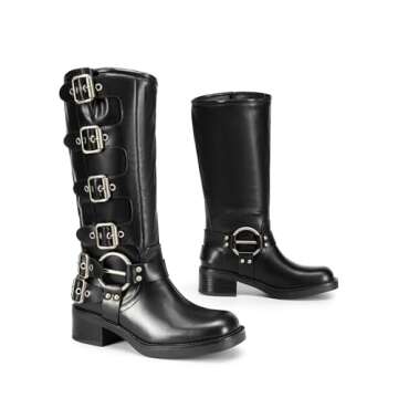 DREAM PAIRS Women's Knee High Riding Boots Slip On Motorcycle Boots Square Toe Chunky Heel Fashion Buckles Biker Boots,Size 8,BLACK,SDKB2416W