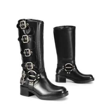 DREAM PAIRS Women's Knee High Riding Boots Slip On Motorcycle Boots Square Toe Chunky Heel Fashion Buckles Biker Boots,Size 8,BLACK,SDKB2416W