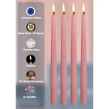 Hyoola 12 Pack Tall Taper Candles - 12 Inch Rose Pink Dripless, Unscented Dinner Candle - Paraffin Wax with Cotton Wicks - 10 Hour Burn Time