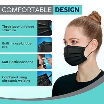 Hannah Linen Black Face Masks Disposable [50 PCS Value Pack] - 3 Ply Protection Safety Masks