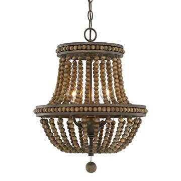 Austin Allen 9A123A Handley Transitional Chandelier with Wood Beads and Decorative Wood Ball, 3-Light 180 Total Watts, 20" H x 16" W, Tobacco