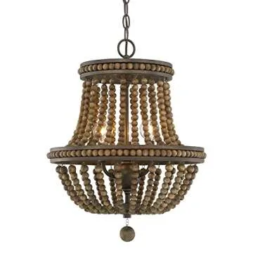 Austin Allen 9A123A Handley Transitional Chandelier with Wood Beads and Decorative Wood Ball, 3-Light 180 Total Watts, 20" H x 16" W, Tobacco