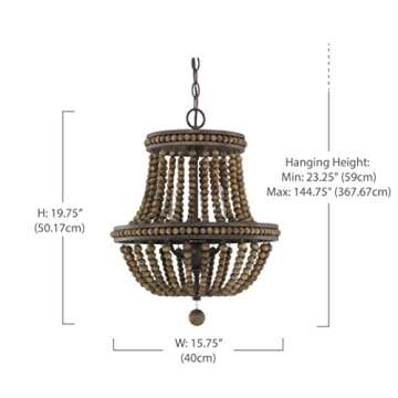 Austin Allen 9A123A Handley Transitional Chandelier with Wood Beads and Decorative Wood Ball, 3-Light 180 Total Watts, 20" H x 16" W, Tobacco