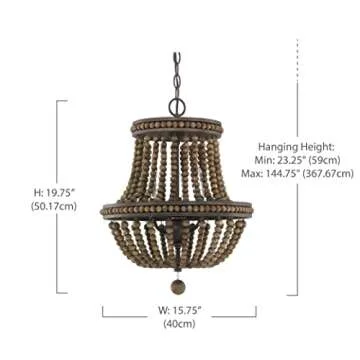 Austin Allen 9A123A Handley Transitional Chandelier with Wood Beads and Decorative Wood Ball, 3-Light 180 Total Watts, 20" H x 16" W, Tobacco