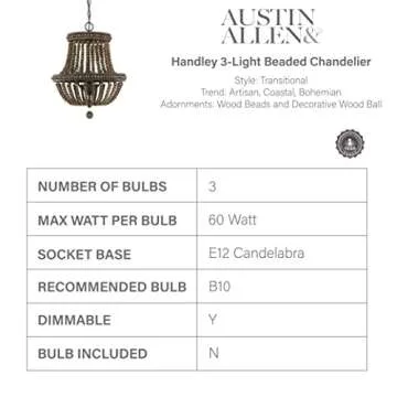 Austin Allen 9A123A Handley Transitional Chandelier with Wood Beads and Decorative Wood Ball, 3-Light 180 Total Watts, 20" H x 16" W, Tobacco