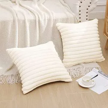 Pallene Faux Fur Plush Throw Pillow Covers 18x18 Set of 2, Luxury Soft Fluffy Striped Decorative Pillow Covers for Sofa, Couch, Living Room, Cream White