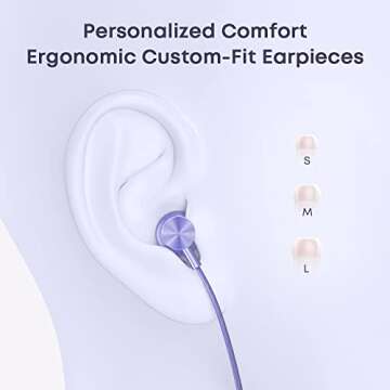 Wired Earbuds with Mic, Comfortable in-Ear Headphones for Girls Women Small Ears with Stereo Sound and Ergonomic Custom-Fit Ear Caps (S/M/L), 3.5mm Jack for Phones, Laptops (Purple)