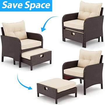 AVAWING 5 Pieces Patio Furniture Set, Outdoor Rattan Chairs with Tempered Glass Coffee Table, Ottoma...