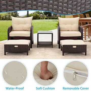 AVAWING 5 Pieces Patio Furniture Set, Outdoor Rattan Chairs with Tempered Glass Coffee Table, Ottomans & Soft Cushions, Wicker Conversation Bistro Set for Garden, Deck, Balcony, Poolside(Khaki)