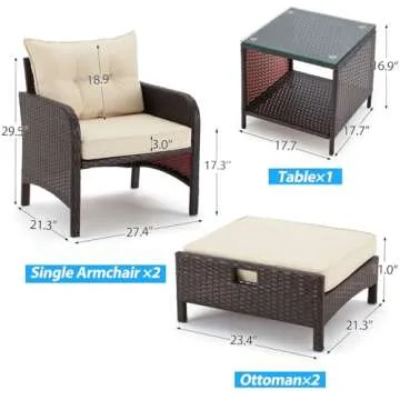 AVAWING 5 Pieces Patio Furniture Set, Outdoor Rattan Chairs with Tempered Glass Coffee Table, Ottomans & Soft Cushions, Wicker Conversation Bistro Set for Garden, Deck, Balcony, Poolside(Khaki)