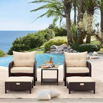 AVAWING 5 Pieces Patio Furniture Set, Outdoor Rattan Chairs with Tempered Glass Coffee Table, Ottomans & Soft Cushions, Wicker Conversation Bistro Set for Garden, Deck, Balcony, Poolside(Khaki)