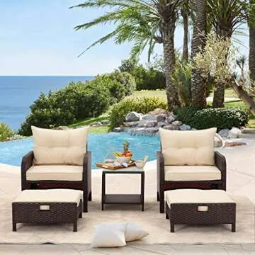 AVAWING 5 Pieces Patio Furniture Set, Outdoor Rattan Chairs with Tempered Glass Coffee Table, Ottomans & Soft Cushions, Wicker Conversation Bistro Set for Garden, Deck, Balcony, Poolside(Khaki)