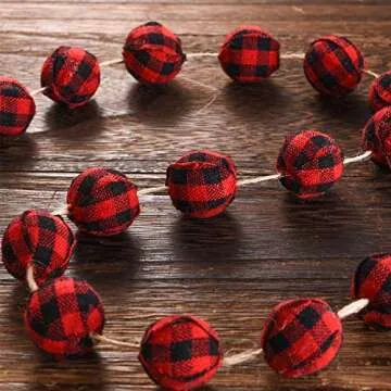 Sumind 2 Pieces Christmas Ball Garland Buffalo Plaid Ball Strings Christmas Pom Pom Garland 25 mm 40 Balls for Wall Fireplace Xmas Tree(Black and Red Plaid)