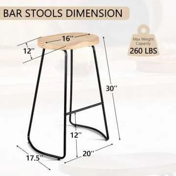 HeuGah Solid Wood Bar Stools Set of 2, 30" High Stylish Chairs