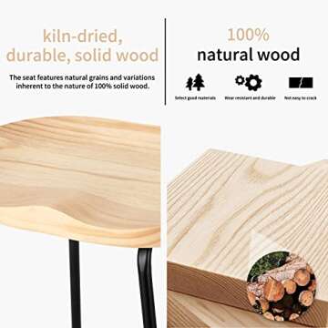 HeuGah Bar Stools, Solid Wood Barstools Set of 2, 30" Bar Height Bar Stools with Metal Leg,Rustic Backless Bar Stools for Kitchen Island,Bar Chairs with Solid Wood Saddle Seat (Burlywood, 30 Inch)