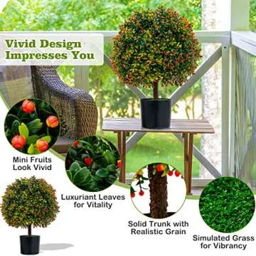 Goplus 22'' Artificial Boxwood Topiary Ball Tree, Set of 2 UV Resistant Faux Potted Plants Artificial Shrubs Bushes with Orange Fruits, Fake Evergreen Artificial Topiary for Home Front Porch Decor