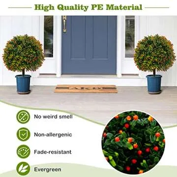 Goplus 22'' Artificial Boxwood Topiary Ball Tree, Set of 2 UV Resistant Faux Potted Plants Artificial Shrubs Bushes with Orange Fruits, Fake Evergreen Artificial Topiary for Home Front Porch Decor