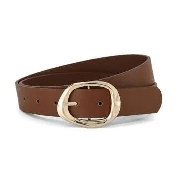 Earnda Brown Leather Belts for Women Casual Fashion Waist Belt with Liquid Shapes Gold Buckle for Jeans Pants Dresses 1.18" Width X-Small