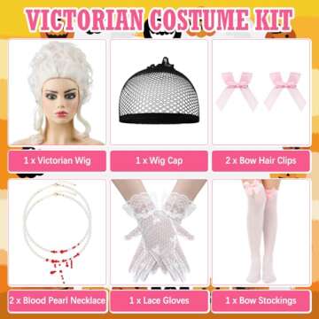 Ecation 7 Pcs Blonde Victorian Wig 18th Century Costume Dripping Blood Imitation Pearls Lace Gloves Socks for Adult Women Halloween Cosplay Outfits