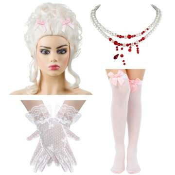 Ecation 7 Pcs Blonde Victorian Wig 18th Century Costume Dripping Blood Imitation Pearls Lace Gloves Socks for Adult Women Halloween Cosplay Outfits