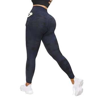 OMKAGI Women V Waist Butt Lifting Leggings with Pockets High Waisted Workout Yoga Pants(L,877-Blue Tie-dye)