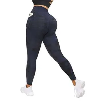 OMKAGI Women V Waist Butt Lifting Leggings with Pockets High Waisted Workout Yoga Pants(L,877-Blue Tie-dye)