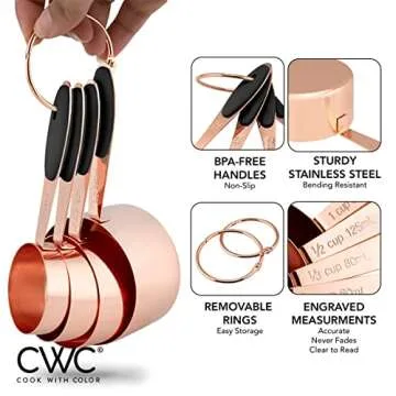 COOK WITH COLOR Measuring Cups Set and Measuring Spoon Set, Stainless Steel Handles, Nesting Kitchen Measuring Set, Liquid Measuring Cup Set, 8 PC Copper, Black