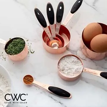 COOK WITH COLOR Measuring Cups Set and Measuring Spoon Set, Stainless Steel Handles, Nesting Kitchen Measuring Set, Liquid Measuring Cup Set, 8 PC Copper, Black