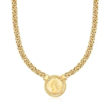 Ross-Simons Italian 18kt Gold Over Sterling Replica Lira Coin Byzantine Necklace - 18 inches