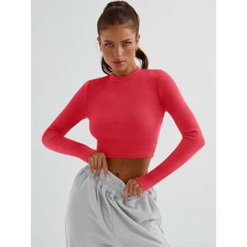 Trendy Queen Womens Long Sleeve Crop Tops Basic Ribbed Slim Fitted Shirts Casual Fall Fashion Y2k Teen Girl Clothes Red L