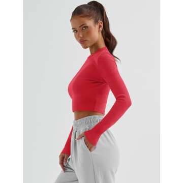 Trendy Queen Womens Long Sleeve Crop Tops Basic Ribbed Slim Fitted Shirts Casual Fall Fashion Y2k Teen Girl Clothes Red L