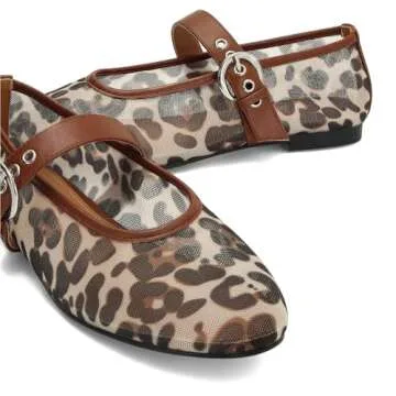 Dsevht Leopard Mesh Ballet Flats for Women Mary Jane Buckle Flats Round Toe Ballerina Shoes Casual Dress Shoes