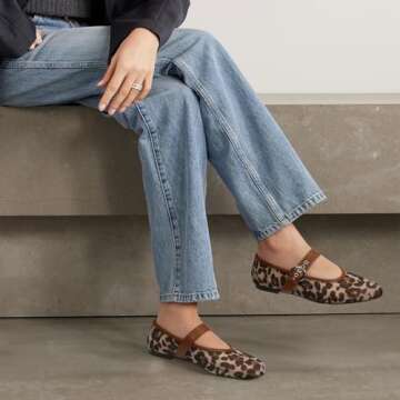 Dsevht Leopard Mesh Ballet Flats for Women Mary Jane Buckle Flats Round Toe Ballerina Shoes Casual Dress Shoes