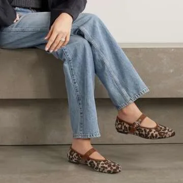 Dsevht Leopard Mesh Ballet Flats for Women Mary Jane Buckle Flats Round Toe Ballerina Shoes Casual Dress Shoes