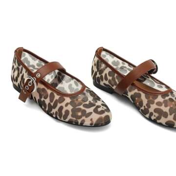 Dsevht Leopard Mesh Ballet Flats for Women Mary Jane Buckle Flats Round Toe Ballerina Shoes Casual Dress Shoes