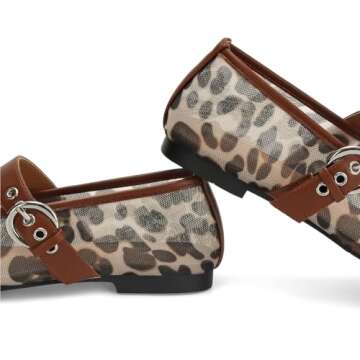 Dsevht Leopard Mesh Ballet Flats for Women Mary Jane Buckle Flats Round Toe Ballerina Shoes Casual Dress Shoes
