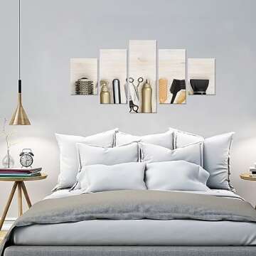 iHAPPYWALL Large 5 Pieces Salon Canvas Wall Art Vintage Barber Shop Art Prints Comb Scissors Hair Drier Barber Tools Sets Print On Canvas for Wall Decor Ready to Hang