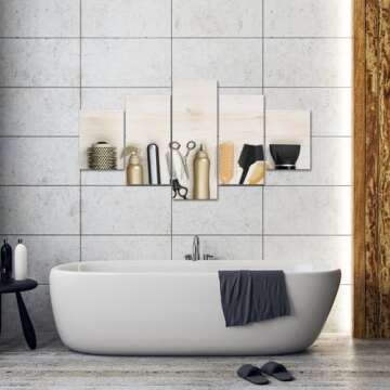 iHAPPYWALL Large 5 Pieces Salon Canvas Wall Art Vintage Barber Shop Art Prints Comb Scissors Hair Drier Barber Tools Sets Print On Canvas for Wall Decor Ready to Hang